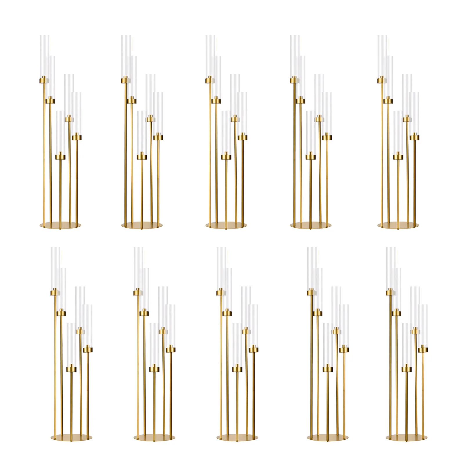Tall Candle Holder with Acrylic Lampshade for Wedding Table Birthday Party Decoration 10PCS Gold Floor Candelabra 5 Arm