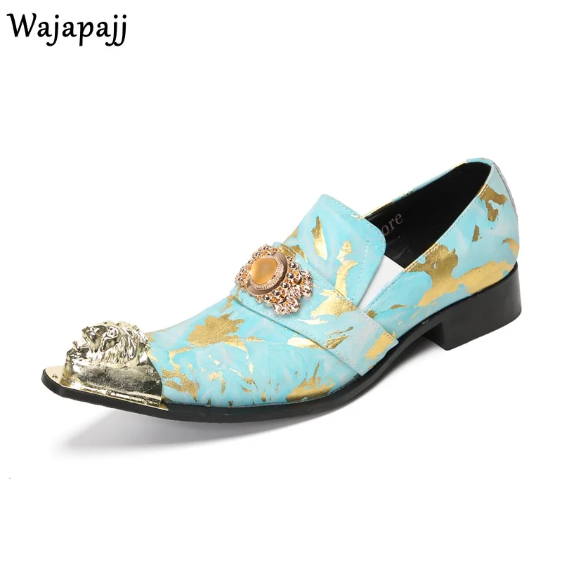 

Colorful Genuine Leather Men Wedding Shoes Metal Pointed Toe Slip On Low Heel Male Ballroom Party Spring Autumn Single Shoes