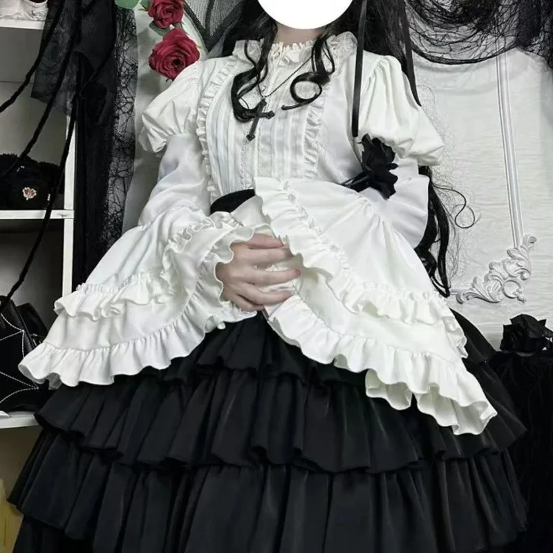 

Black White Ruffles Japanese Lolita Shirt Women Vintage Gothic Y2K Aesthetic Blouses Kawaii Cute Flare Long Sleeve Steampunk Top