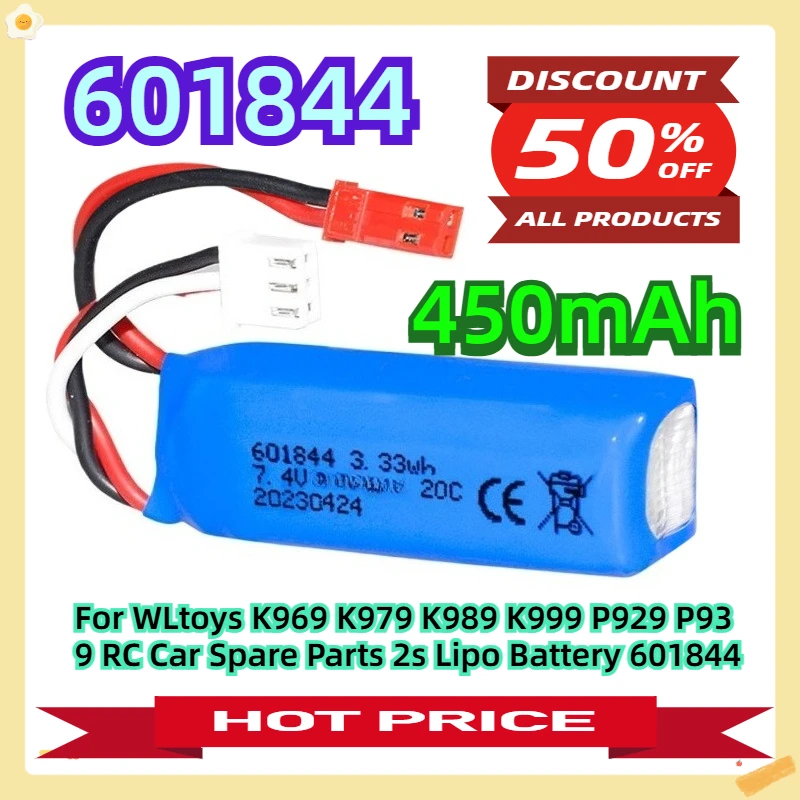 

For WLtoys K969 K979 K989 K999 P929 P939 RC Car Spare Parts 2s Lipo Battery 601844 7.4V 450mAh