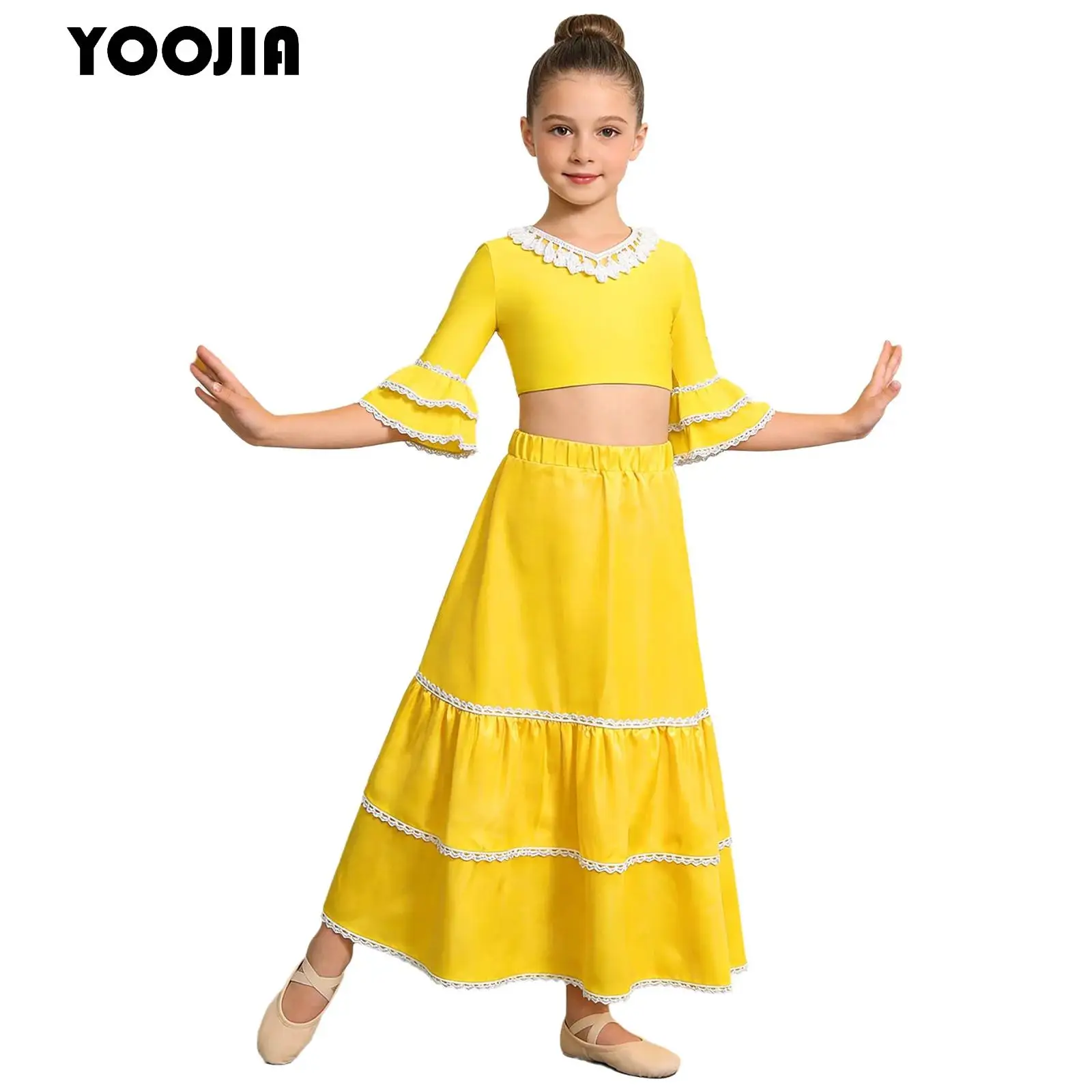 Spanish Costume for Girls Ruffle Half Sleeves Crop Top with Satin Tiered Skirt Halloween Carnivals Gypsy Flamenco Dance Outfit