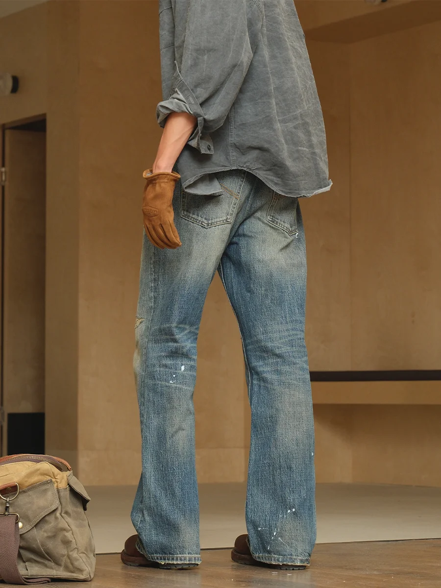 

Vintage Neigborl Jeans Bell Bot Worn Hole Cold Dyeing mid Waist Relaxed Fit Youthful Wear for Middle-Aged Men