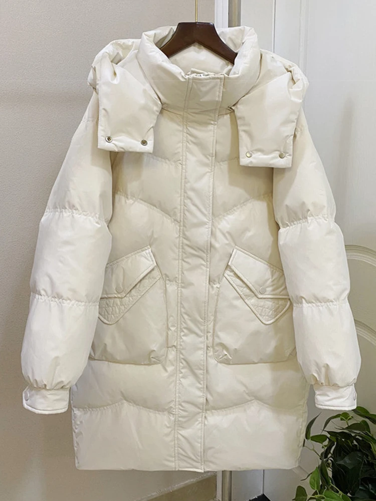 

Winter Warm Hooded Solid Mid Length Down Jacket Women White Duck Down Pocket Parker Outwears Female Loose Double Zipper Jackets