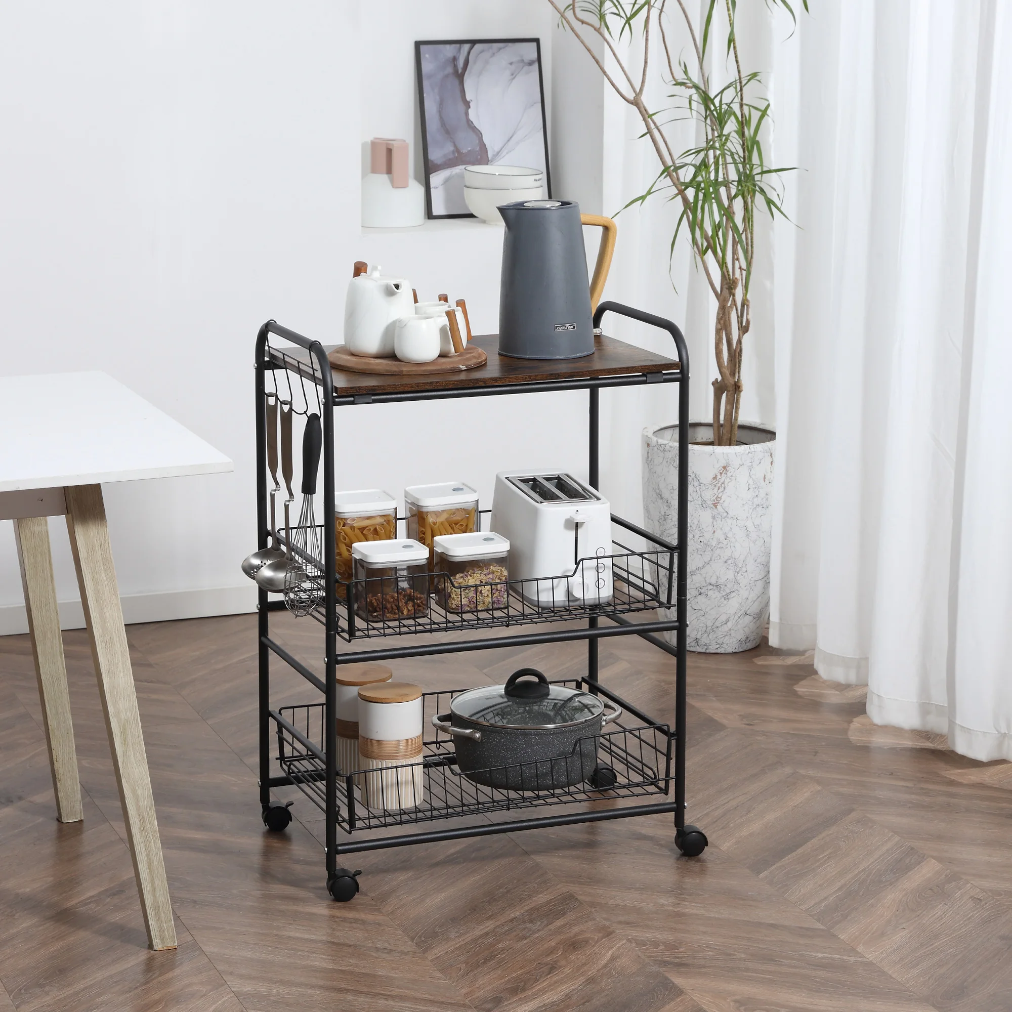 HOMCOM Carrito Auxiliar con Ruedas 2 Cestas 60x38x85,5 cm Marrón Rústico