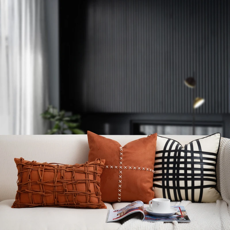 

High End Orange Woven Cushion Cover Design Sense of Light Luxury Pillow Cover PU Leather Patchwork Cojines Decorativos Para Sofá