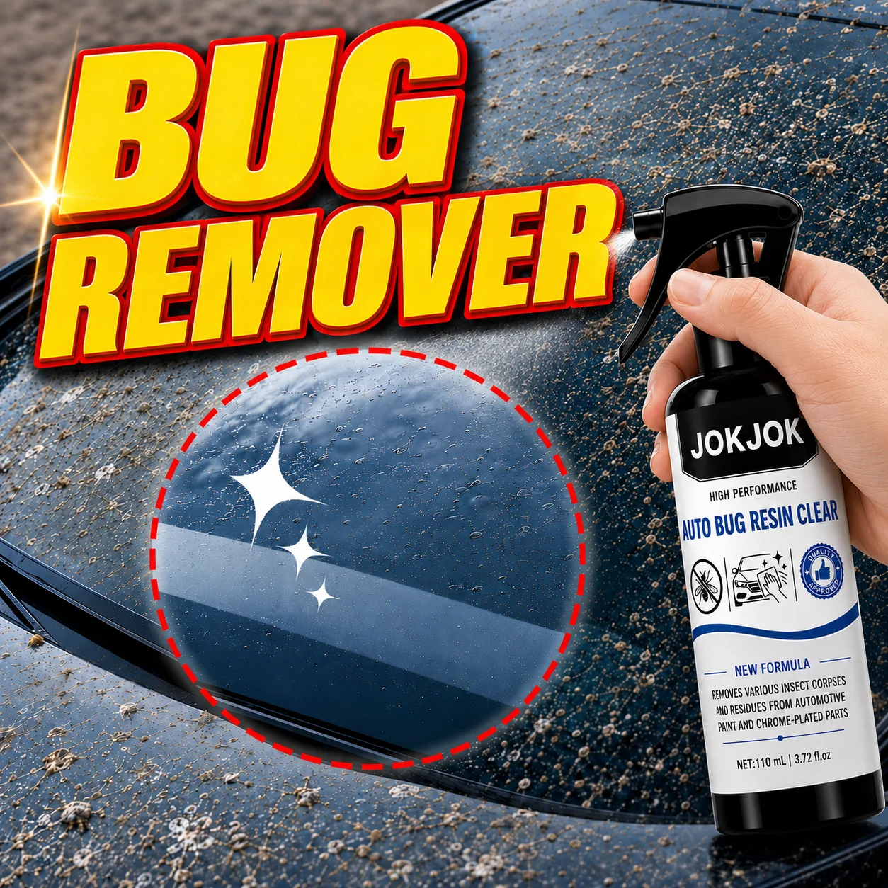Image of JOKJOK Insektenentferner für Autos, Außenbereich, Auto-Insektenharz-Reinigungsspray für Windschutzscheibe, Lack, Chrom, ohne Spülen, 110 ml