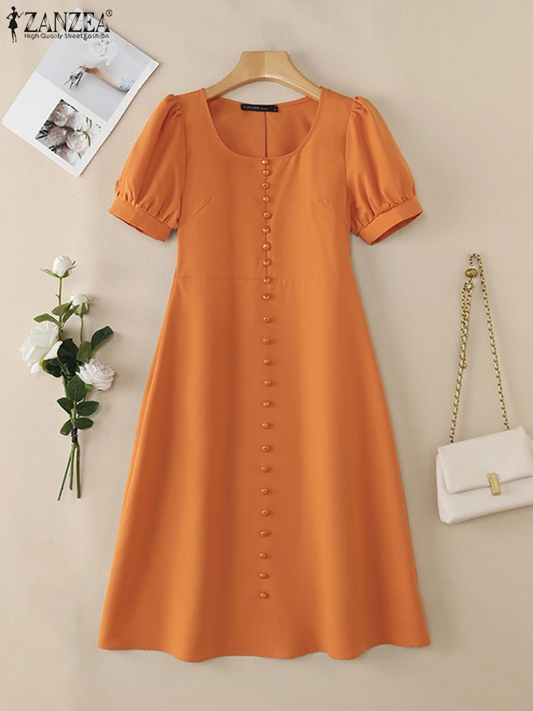 ZANZEA Vacation Square Neck Party Vestidos 2025 Summer Vintage Women's Solid Robes Femme Puff Sleeve Elegant Romantic Midi Dress