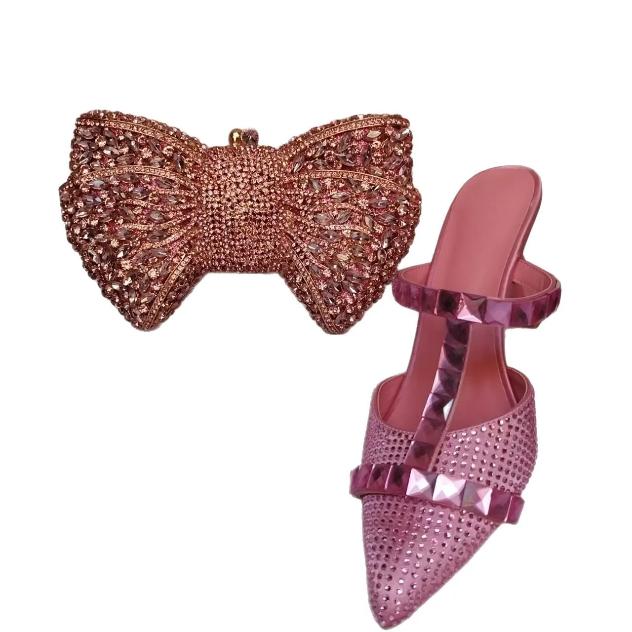 

LNATISNOVA Crystal Shoes And Bag Matching Set With Pink Hot Selling Women Italian Sandal And Purse For Party Wedding Stiletto
