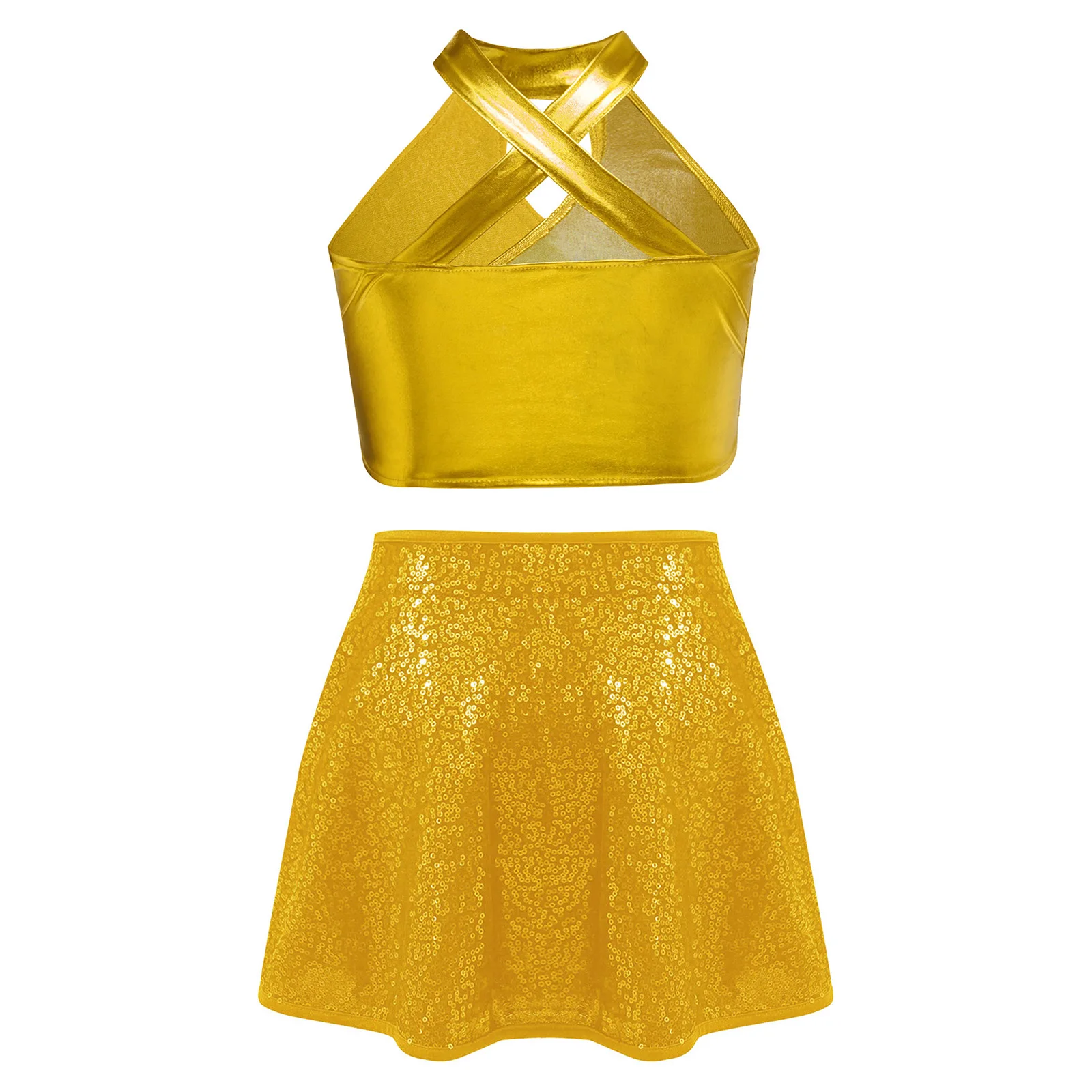 キッズガールズジャズダンスセットキラキラスパンコールメタリッククロスクロップトップ+Aラインスカートリズミカルステージパフォーマンスコスチュームストリート用