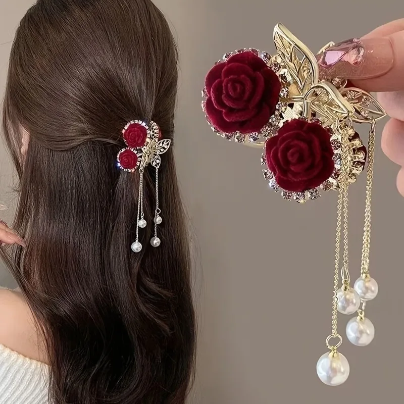 Retro rose-shaped hair clips for styling hair up, securing stray hairs, and enhancing the overall aesthetic of an outfit.