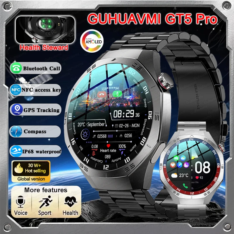 

2025Новинка для Android и ios Смарт-часы для мужчин AMOLED-экран GPS Траектория движения Сердечный ритм Bluetooth Вызовы SmartWatch Водонепроницаемые