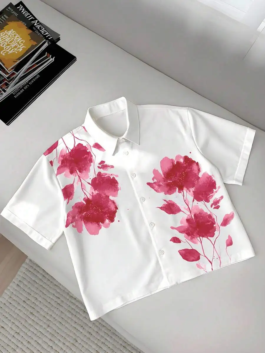 

Men's White Short Sleeve Button-Up Shirt with Pink Watercolor Floral Print