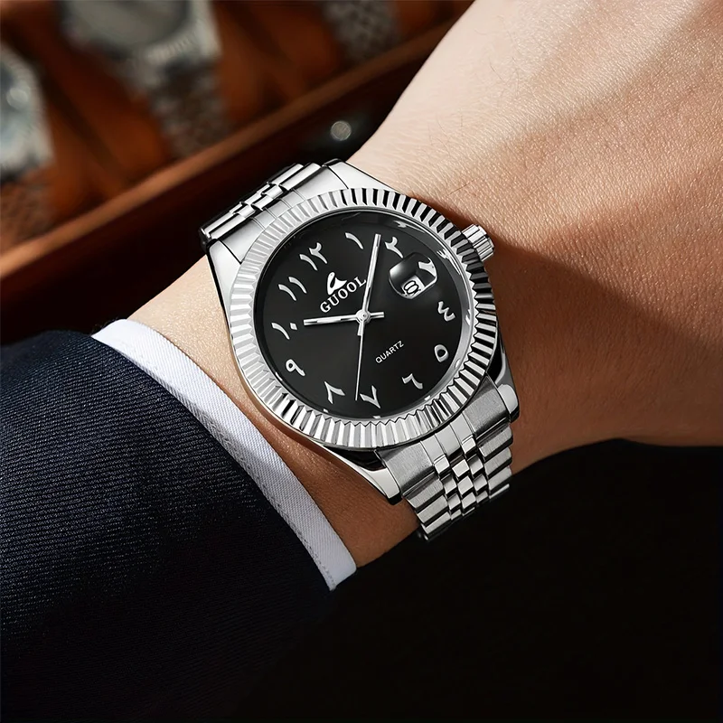 New Hot-Selling Men's Stainless Steel Five-Link Steel Band Watch with Arabic Numerals, Business Style, Round Case, Calendar Display Function, Valentine's Day Gift, Father's Day Gift, Holiday Gift, Halloween Gift view 4