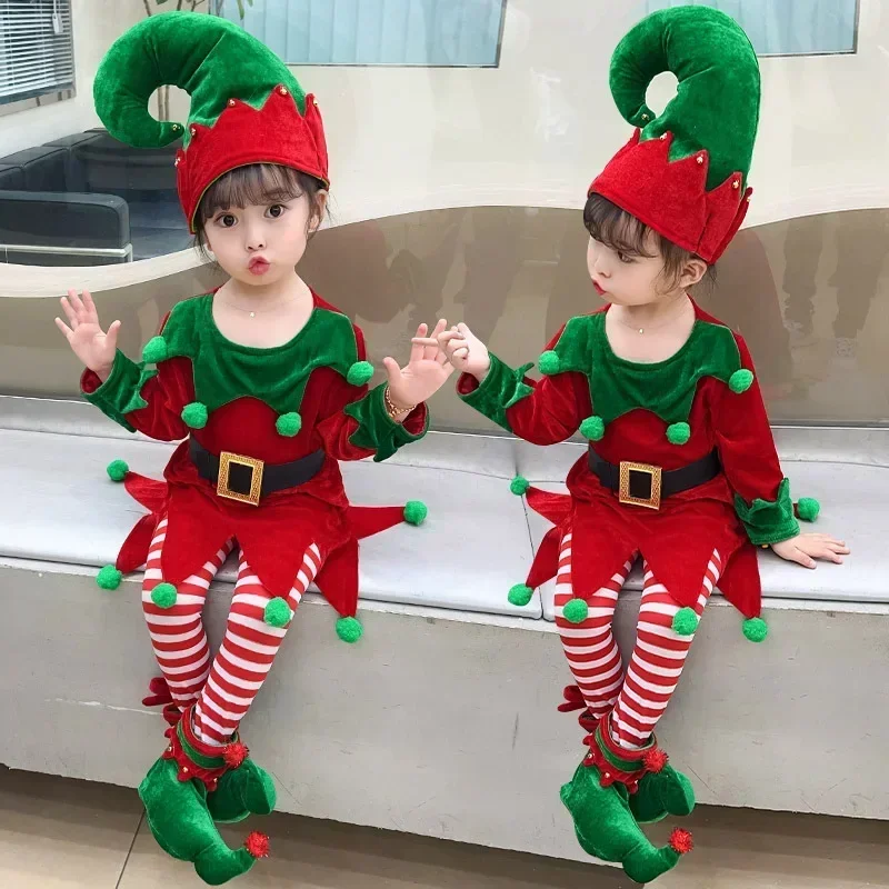 Fantasia Capodanno Verde Vestito da Babbo Natale Costume da Elfo per Bambini Ragazza Set con Cappello Bambini Festa di Natale Abito Set Performance 2025