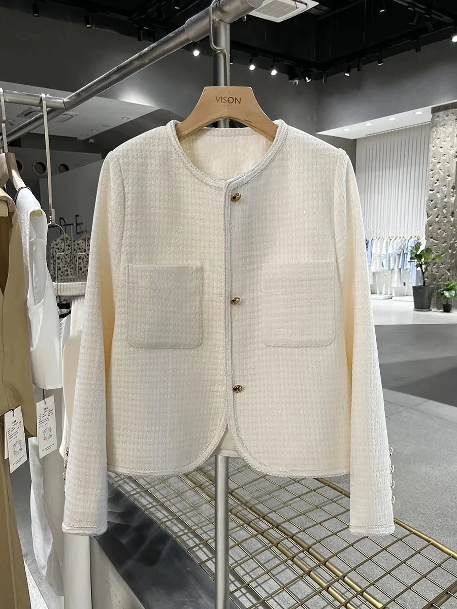 

Women's Beige Casual Suit Jacket 2023 Spring Autumn New Simple Versatile Short Coarse Woolen Noble Blazers