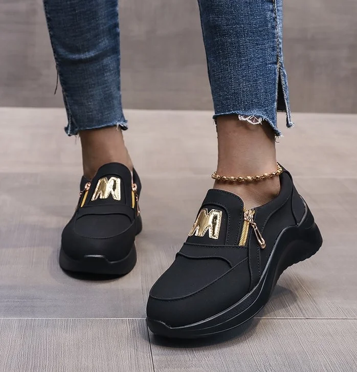 New Women Sneakers Slip on Zipper Thick Bottom Solid Color Vulcanized Shoes Casual Wedge Walking Flats Zapatillas De Mujer