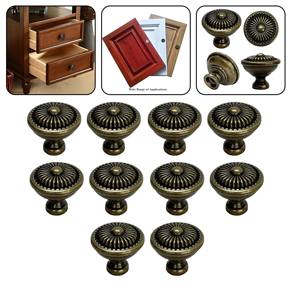10 Pack Vintage Cabinet Knobs Antique Brass Round Metal Drawer for pulls for Dresser Drawers Kitchen Cabinets Closets Wardrobes