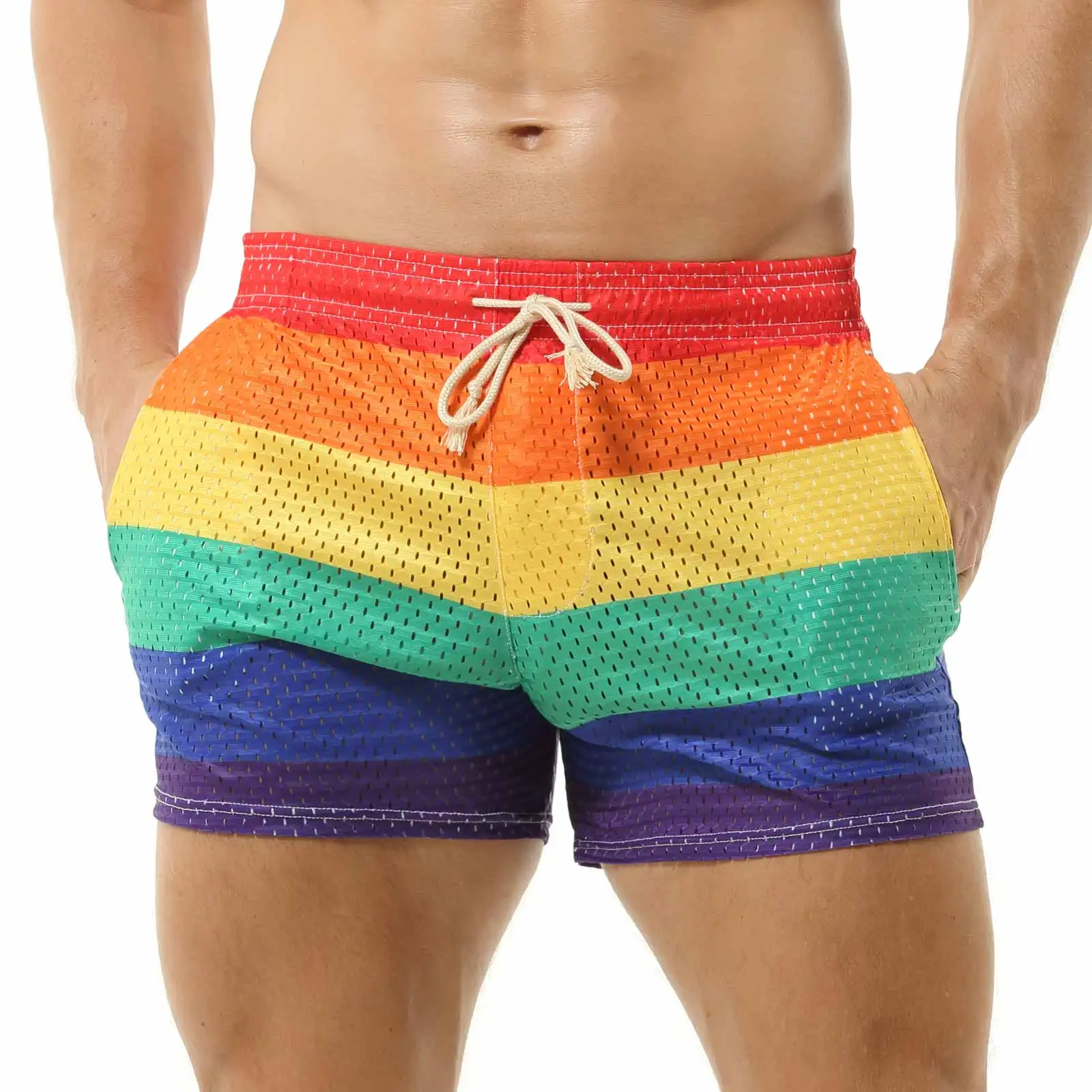 CLEVER-MENMODE Men\'s Rainbow Casual Shorts Pocket Loose Thin Home Shorts Beach Boxers Tether Mesh Breathable Panties