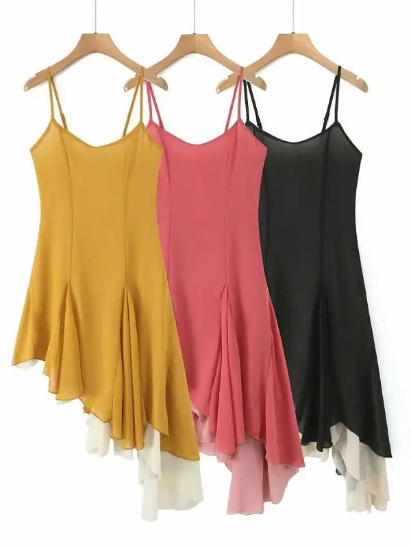 Vestido Midi con Tirantes y Dobladillo Asimétrico con Encaje Romántico, Estilo Europeo, Primavera, Verano, Otoño, Moderno, Es...