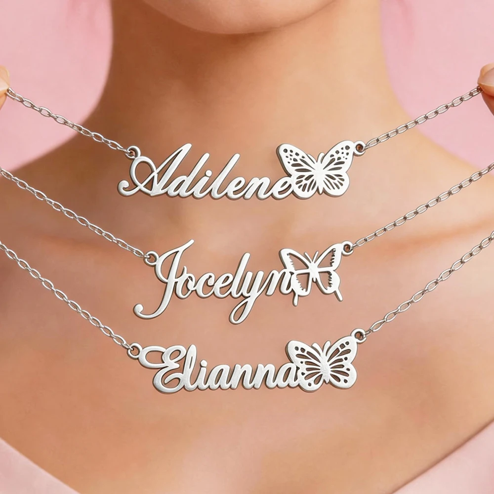 Collier papillon personnalisé avec nom, collier papillon personnalisé avec nom et date de naissance, bijoux en acier inoxydable pour femmes, cadeau d'anniversaire