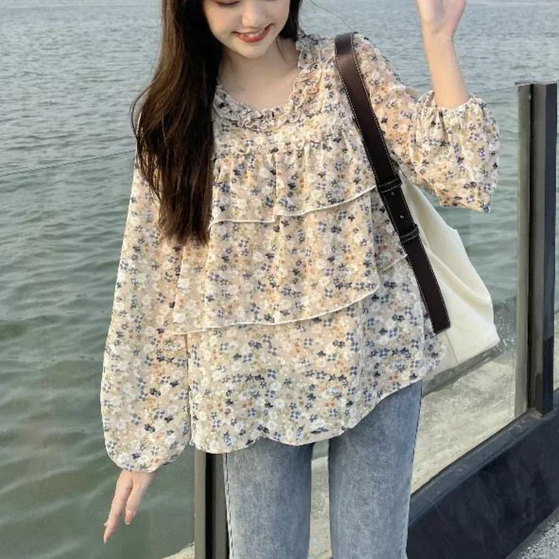 

Блузка женская с цветочным принтом, милая винтажная классическая элегантная модная одежда в Корейском стиле, с оборками и длинным рукавом
