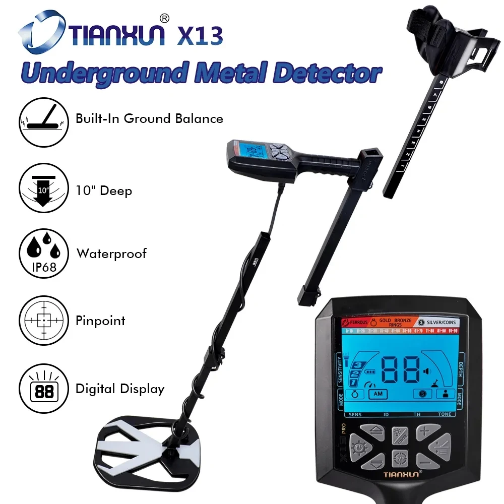 Professional Underground Metal Detector X13 with IP68 Waterproof High Sensitivity Coil,Auto Ground-balance LCD Display PP