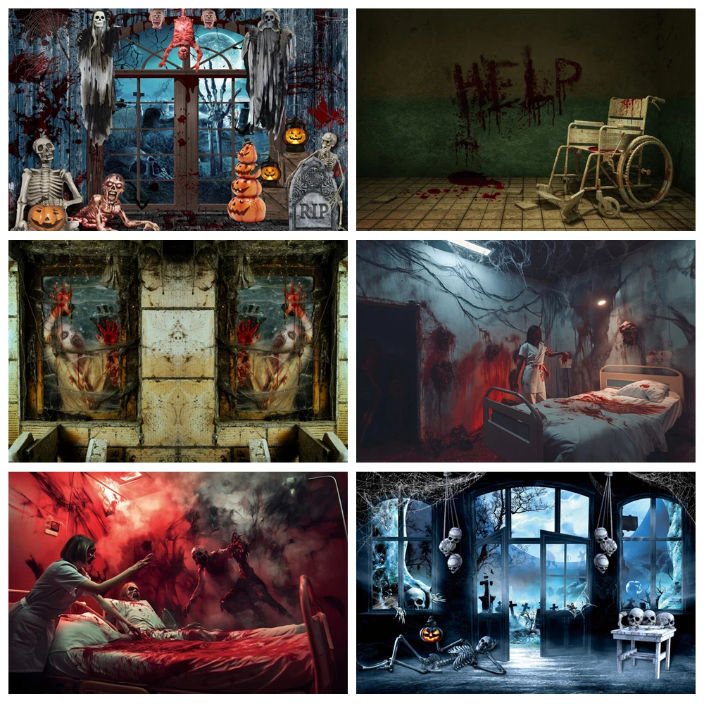 

Horror Halloween Photography Backdrop Hospital Classroom Bloody Haunted House Mortuary Scary Halloween Photo Background Decor