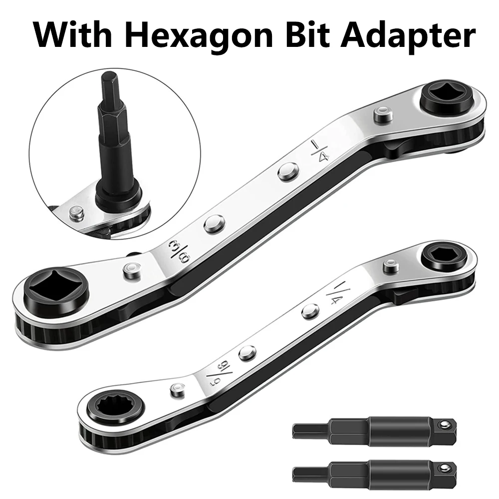 Hvac Service Wrench Tools Set Air Conditioner Valve Steel Ratchet Repairing Wrench w Hexagon Bit Adapter For Air Refrigeration