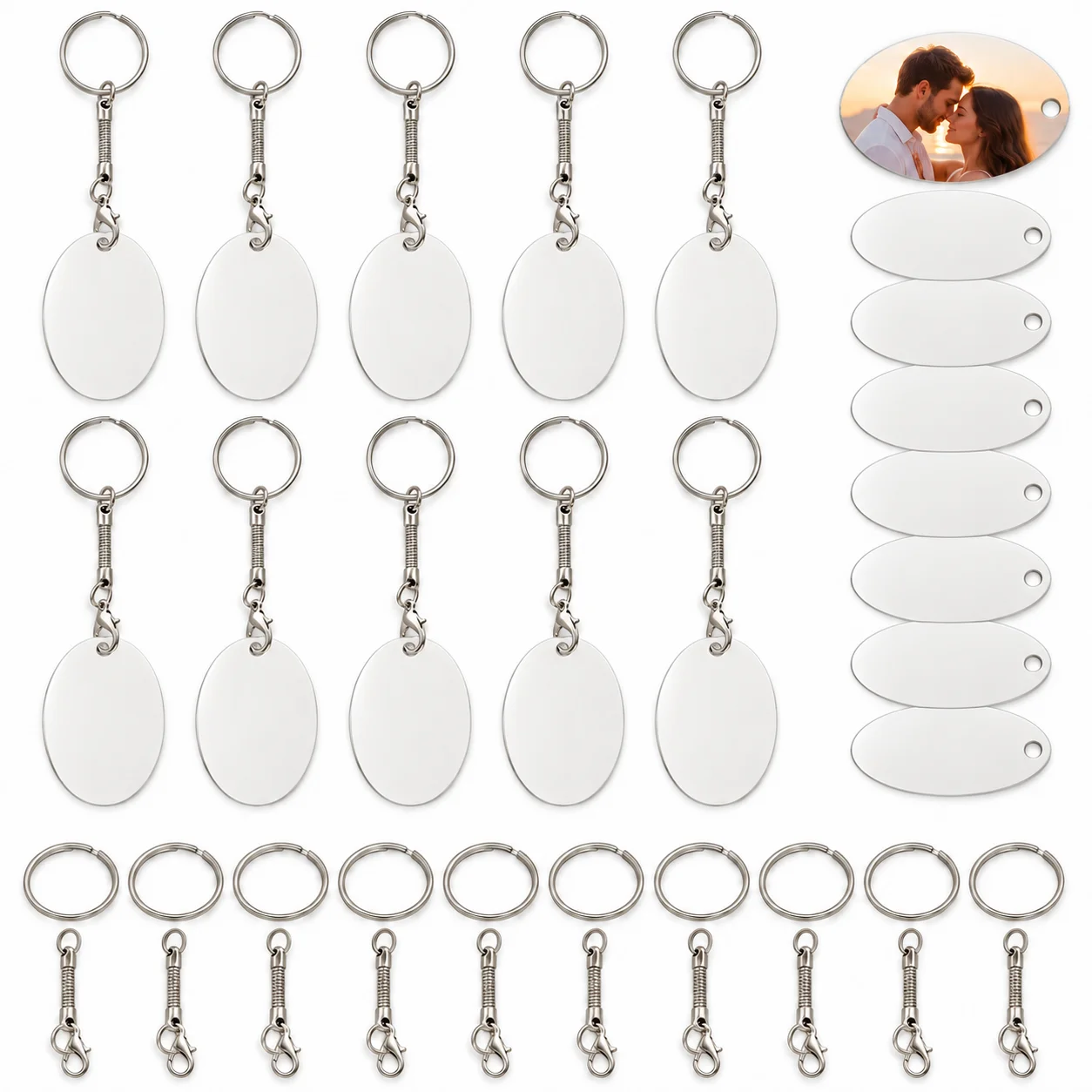 1/10Pcs Oval Sublimation Metal Keychains Blank Heat Transfer Key Rings DIY Photo Craft Ornament with Key Hardware