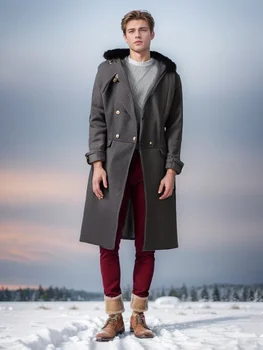 Men's Fur Collar Wool Coat 6 European and American Men's Casual Woolen Coat for Autumn and Winter, Young Men's Double-breasted Fur Collar Overcoat S-5XL 6