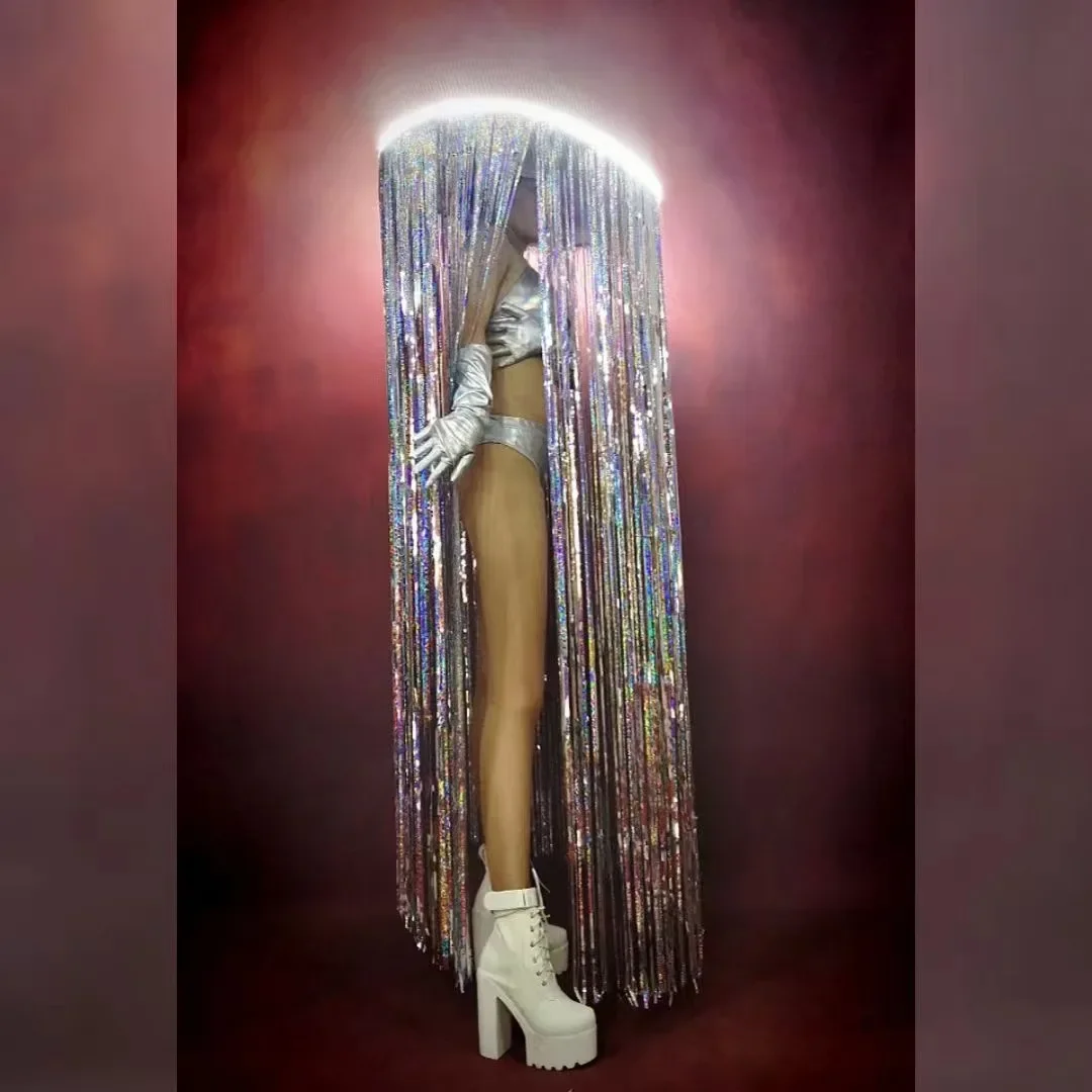 바 나이트클럽 고고 여성 가수 공연 코스튬, LED 발광 망토, 과장 술 모자, 공연 소품 바디 슈트 세트, 신제품