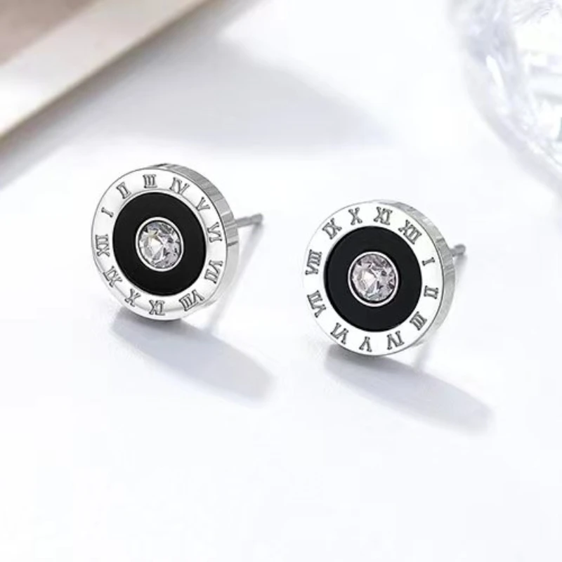 Korean Shell Plate Roman Numeral Silver Color Ear Stud Earrings Fashion Medical 316 Stainless Steel Hiphop Jewelry For Women Men