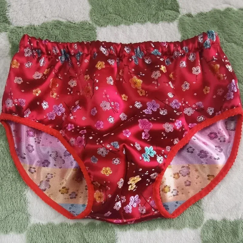 Man Handmade No Elastic Glossy Satin Lingerie Panties Floral Embroidery Soft Silky Touch Briefs Sissy Private Party Costumes