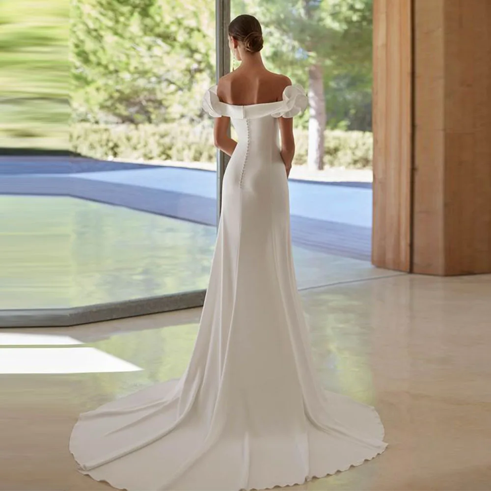 Customized Simple Ruched Off Shoulder Crepe Mermaid Wedding Dress For Women Button Zipper Back Court Train Bridal Gown 2025