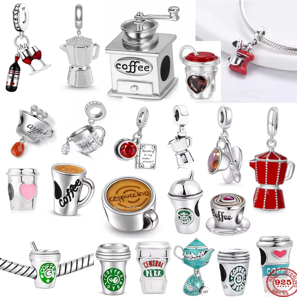 New 925 Silver I Love Coffee Cup Coffee Pot Wine Glass Pendant Charm Suitable for Original Necklace Bracelet DIY Women's Jewelry