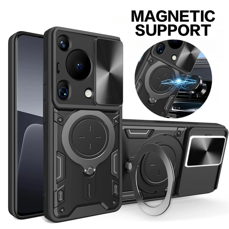 Armor Funda For Huawei Pura70 Ultra Case Slide Camera Lens Magnetic Ring Stand Phone Cover For Huawei Pura 70 Ultra 70Ultra Capa