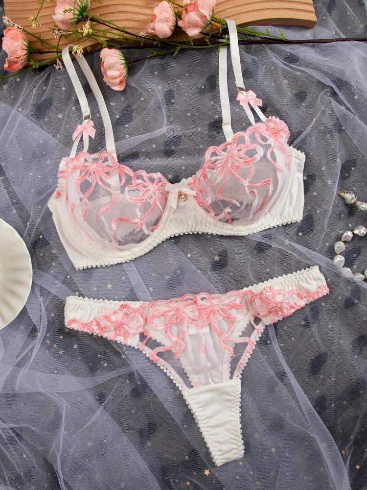Sexy Lingerie Pink Bow Lingerie Set Floral Embroidered Mesh Underwear Women See Through Intimate Lingerie Three-Point Bra Set