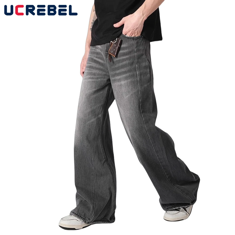 

Spliced Jeans Mens Dark Gray Retro High Street Washed Distressed Loose Wide Leg Denim Pants Men