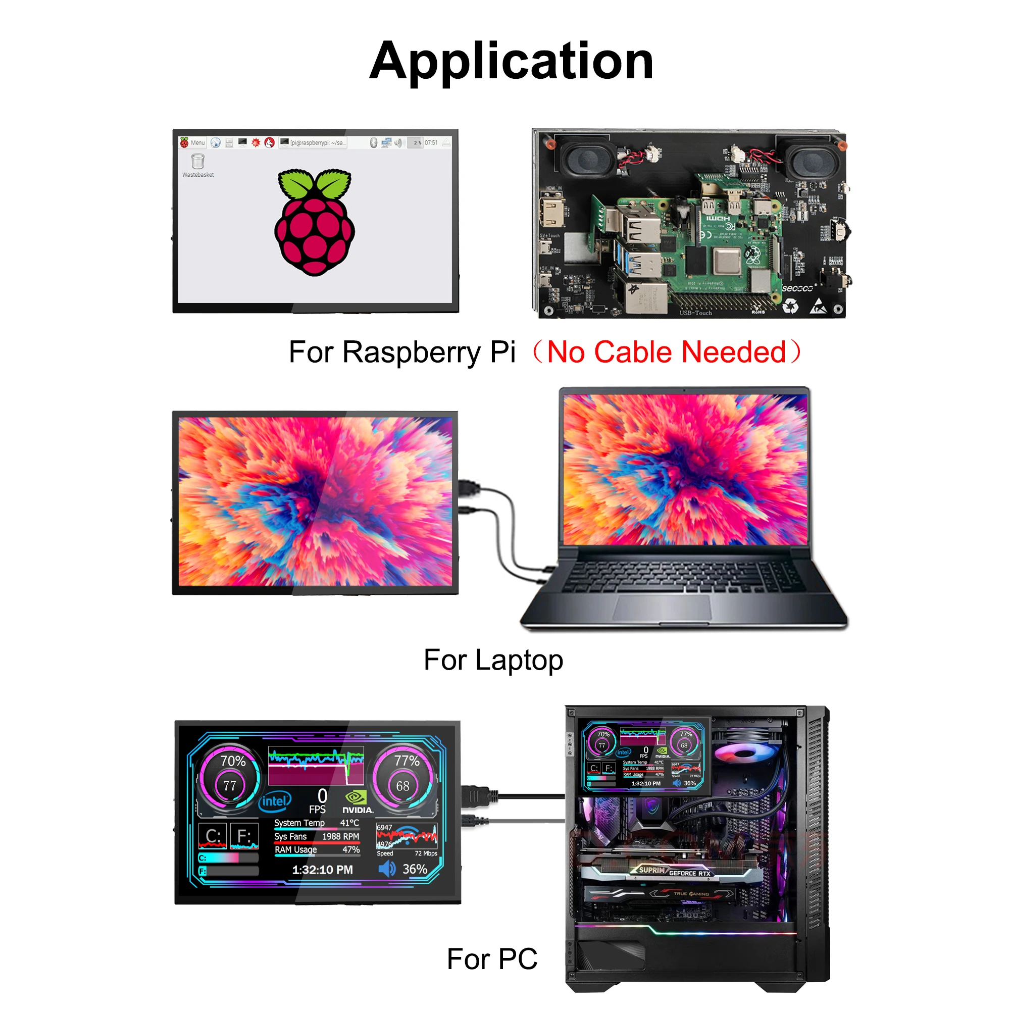 หน้าจอราสเบอร์รี่ Pi ขนาด7นิ้วหน้าจอสัมผัสขนาด1024x600ลำโพงคู่จอแสดงผล HDMI USB สำหรับ Raspberry Pi 5 3B 4 4B + สีดำบานานพายชนะ