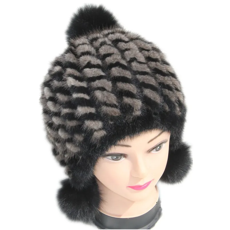 

Зимняя женская шапка из натурального норкового меха, вязаные пушистые шапки с утеплителем для ушей, полосатые шапочки с помпоном на вершине