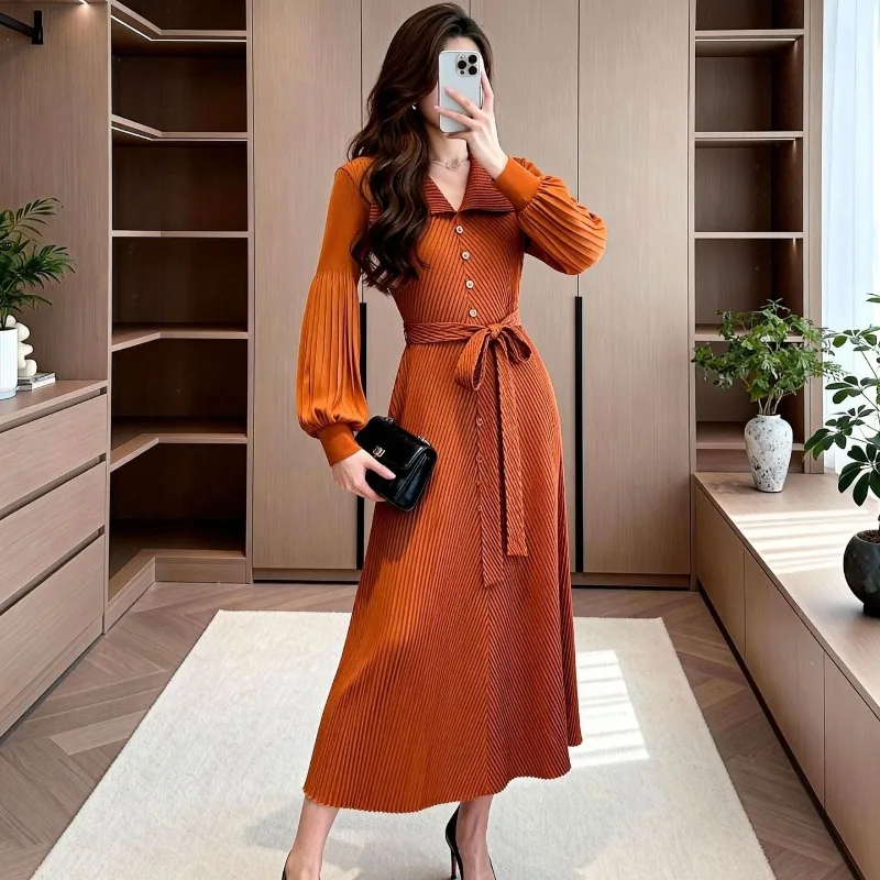 مياكي أوروبا فساتين نسائية جديدة مطوي التلبيب بأكمام طويلة بلون الدانتيل متابعة الخصر حجم كبير فستان طويل مرن الملابس