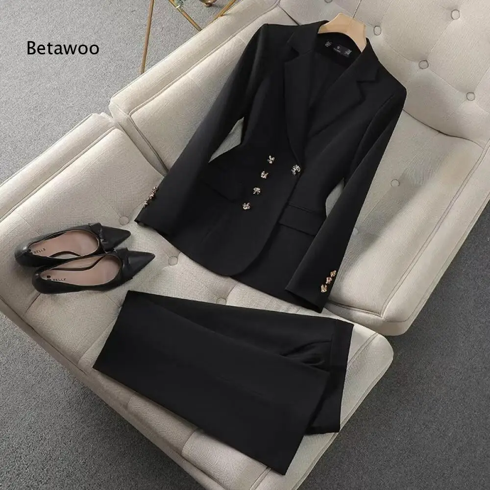 

Elegant 2-Piece Blazer Set, Women Gold Button Jacket & Pencil Skirt
