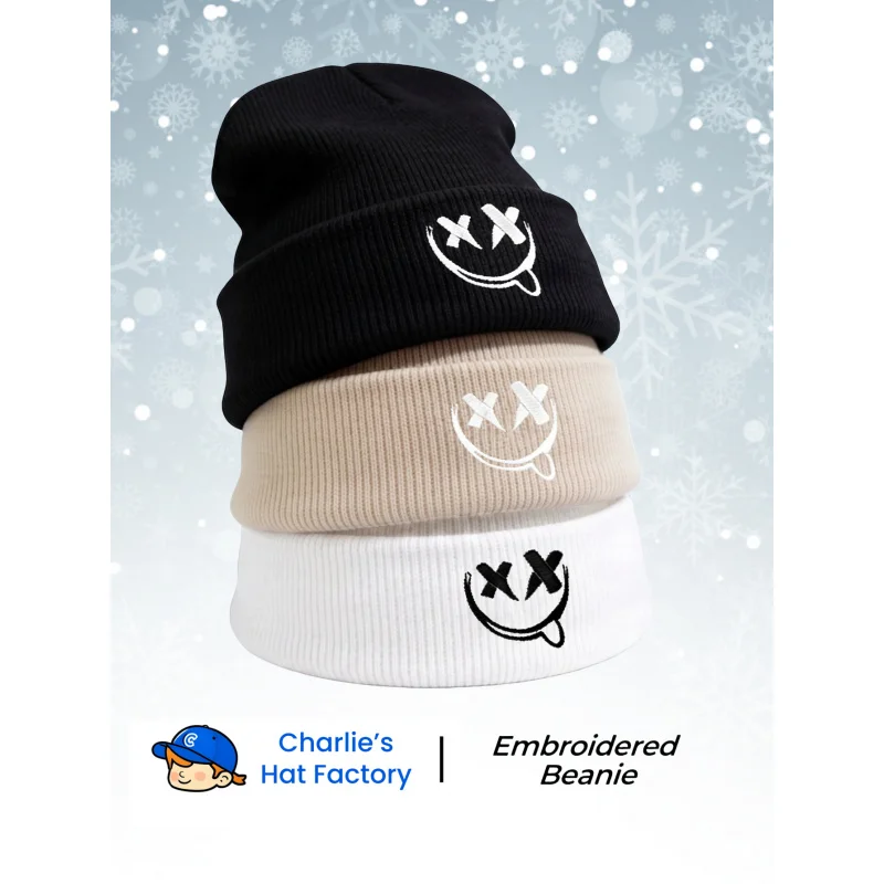 1pc Funny Ghost Face Embroidery Beanie Touca - Knitted Gorro Winter Warm Streetwear Hat for Men and Women