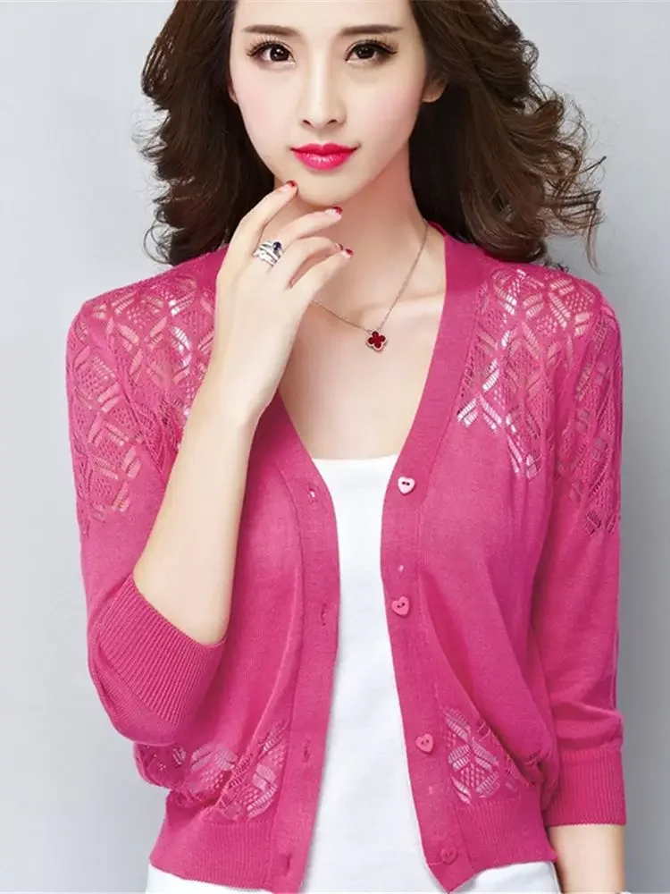 New Korean Summer Cardigan Women Autumn Lace Hollow Out Shawl Women Thin Coat Ladies Tops Knitted Sweater Female Cardigans