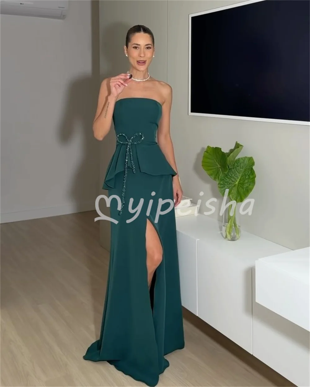 Dark Green Sizes Available Simple Jersey Bow Beading Sequined Mermaid Strapless Floor-Length Evening Dresses Customized