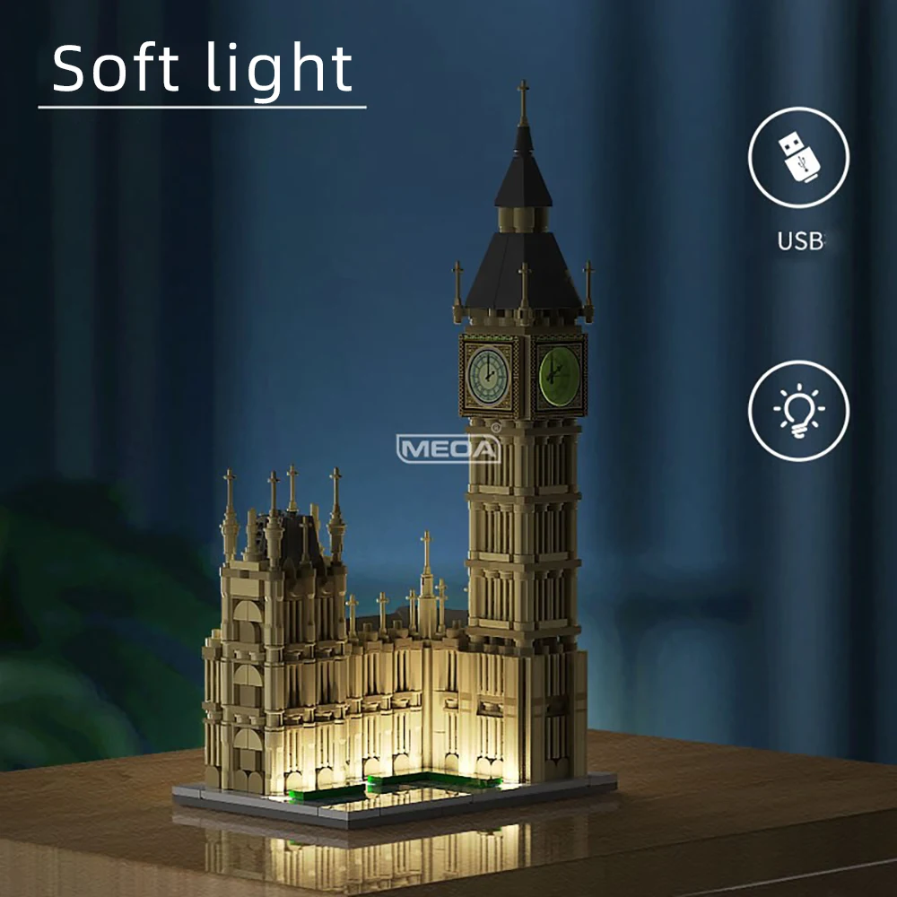 London Big Ben Building Blocks สถาปัตยกรรมที่มีชื่อเสียงอิฐรุ่นไฟ LED Turnable นาฬิกาการก่อสร้าง Self-assemble ของเล่น