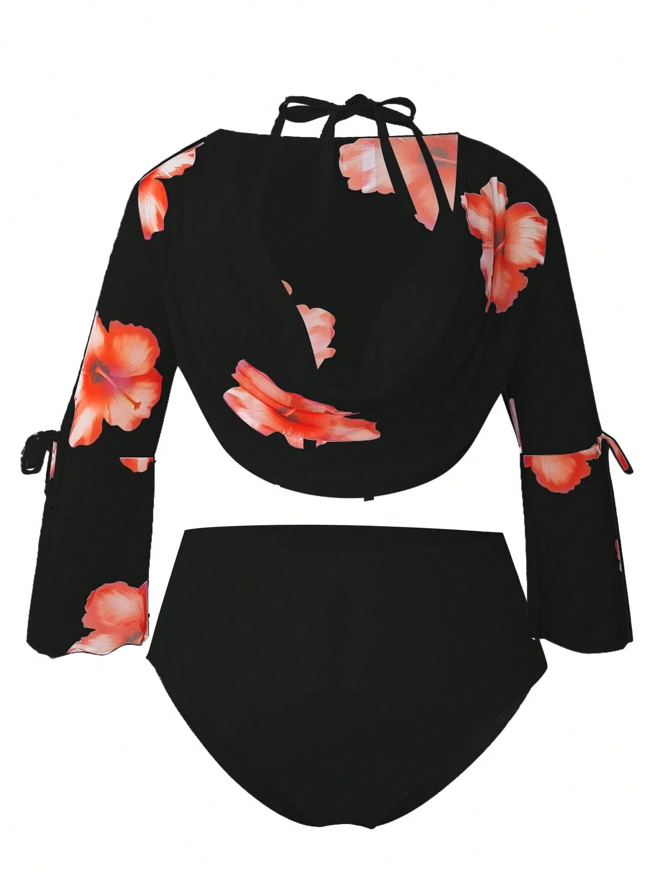 

Комплект бикини больших размеров с цветочным принтом и прозрачной накидкой, черный, с высокой талией, для курортного отдыха