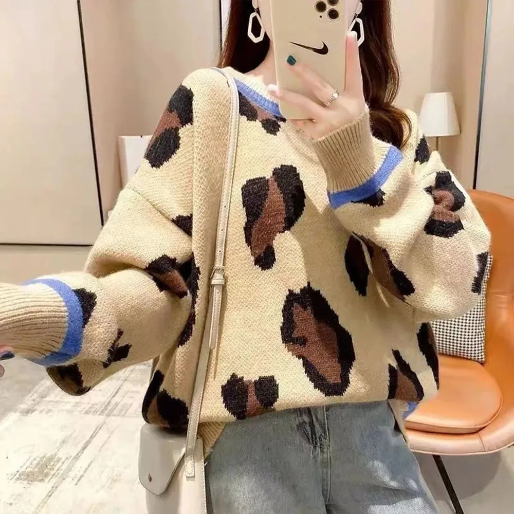 Winter O-Neck Women's Sweater Casual Letter Print Khaki Pink Oversize Pullover Classic Knitted Jumper For Women Vintage Knitwear