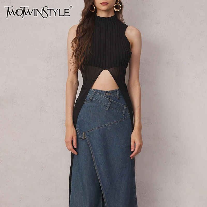 

TWOTWINSTYLE Solid Casual Elegant Long Sweater For Women Turtleneck Sleeveless High Waist Slim Split Sweaters Female Fashion