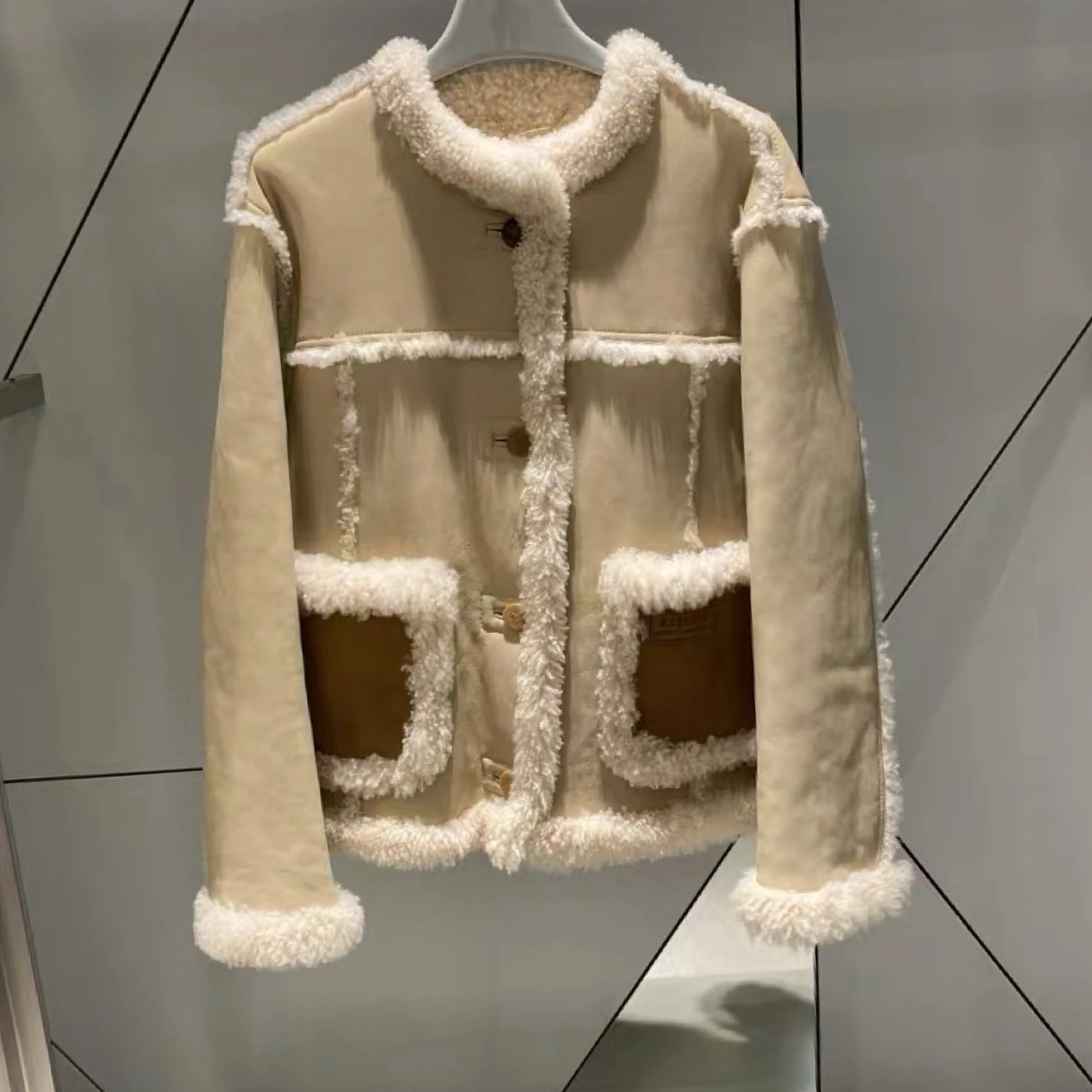 الليمون الجبن LUC25 الشتاء Faion جولة Ne لامب الفراء المرقعة معطف دافئ Ele Sle المرأة ort ملابس خارجية تخفيف الرياح #3